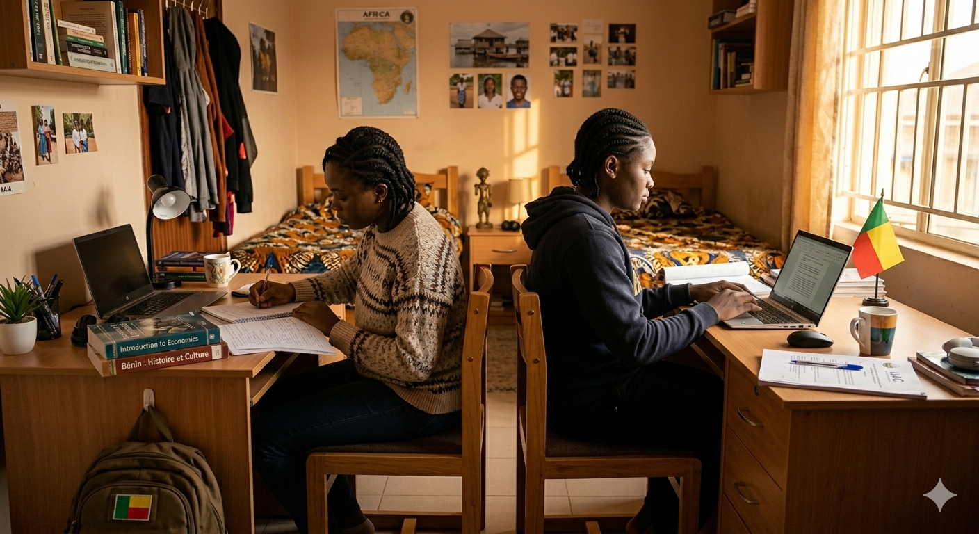 Étudiants béninois dans leur chambre partagée